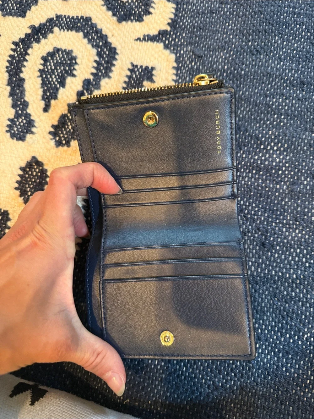Tory Burch navy Leather Zip Card Wallet with Gold Logo